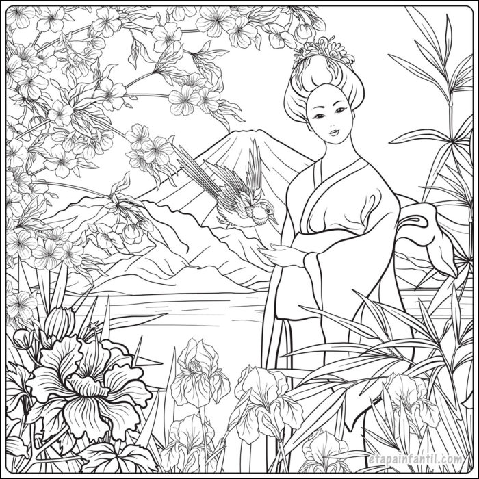 Japanese landscape with flowers and Japanese woman coloring page